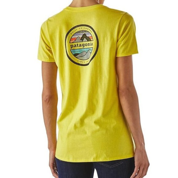 Patagonia Rivet Vintage Logo Cotton/Poly T-Shirt Yellow Distressed Organic Top - Picture 4 of 10